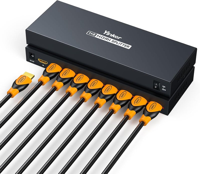 Yinker 4K HDMI Splitter 1 in 8 Out, Metal Shell 1x8 HDMI Splitter (Not Extended Display), USB Powered Distributor Supports 4K@30Hz, 3D,1080P@60Hz - Image 1